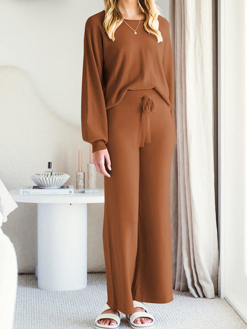 Long Sleeve Lounge Top and Drawstring Pants Set - Fashorio