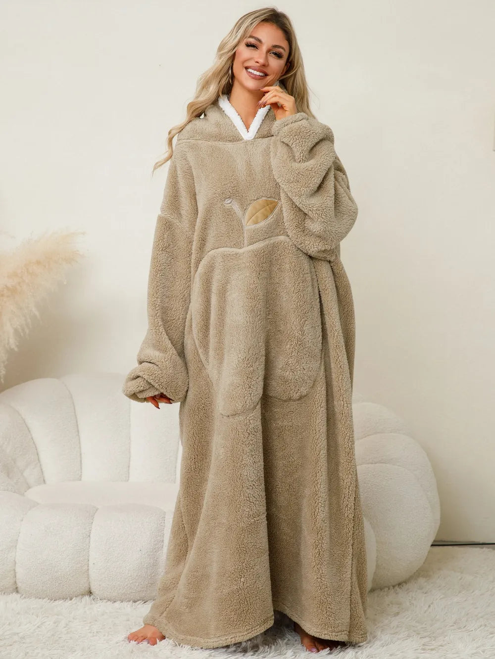 Pocketed Contrast Long Sleeve Hooded Lounge Dress Tan One Size - Fashorio