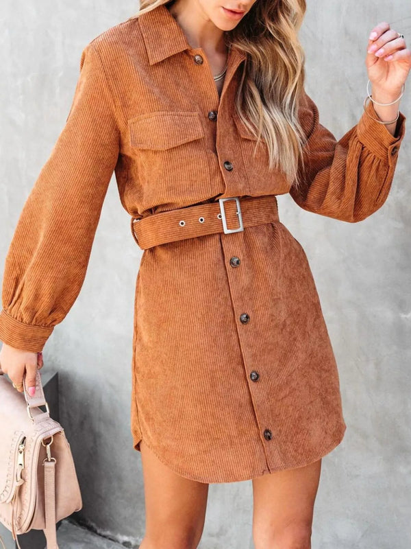Button Front Belt Long Sleeve Corduroy Dress Light Brown - Fashorio