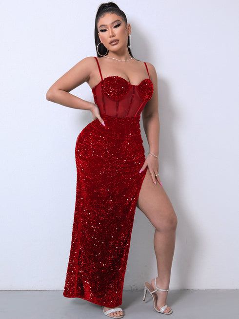 Sequin Spliced Mesh Adjustable Strap Dress Red - Fashorio