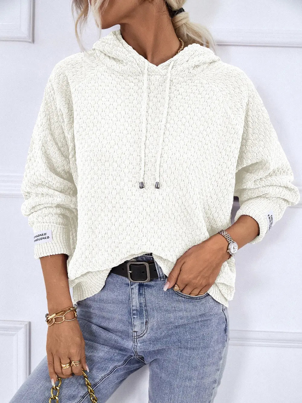 Texture Drawstring Long Sleeve Hooded Sweater - Fashorio