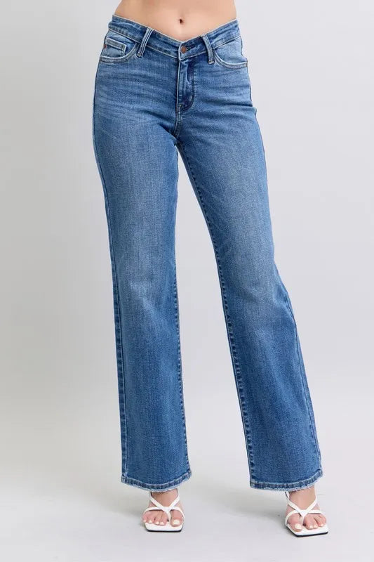 Judy Blue Full Size High Waist V-Front Vintage Wash Straight Jeans Plus Size - Fashorio
