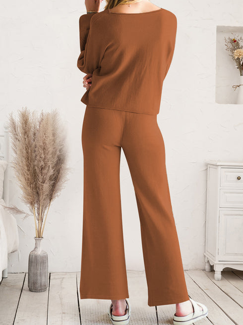 Long Sleeve Lounge Top and Drawstring Pants Set - Fashorio