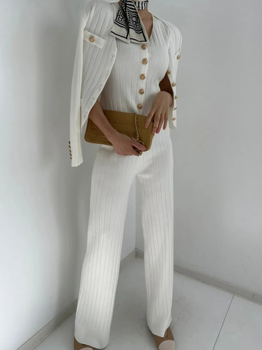 V-Neck Tank, Cardigan and Pants Three-Piece Sweater Set - Fashorio