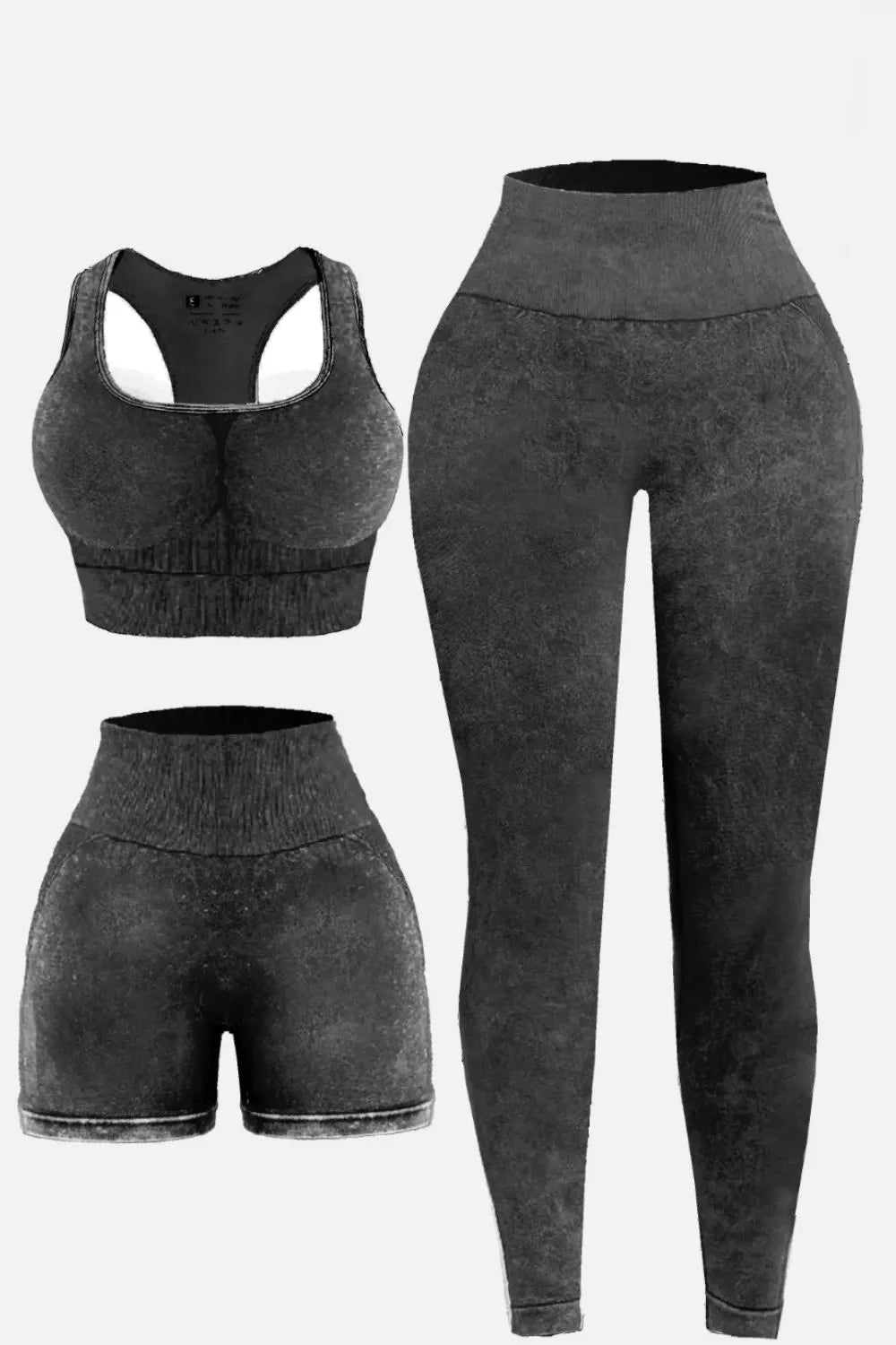 3 Piece Washed Square Neck Wide Strap Active Set Dark Gray - Fashorio