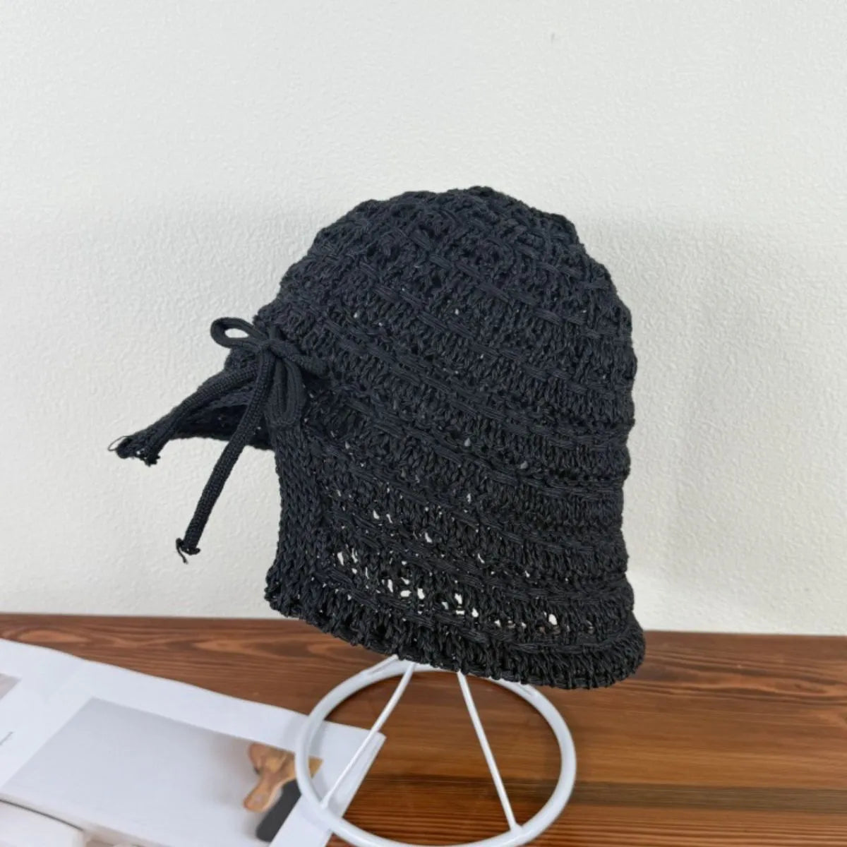 Crochet Bucket Hat with Drawstring Black One Size - Fashorio