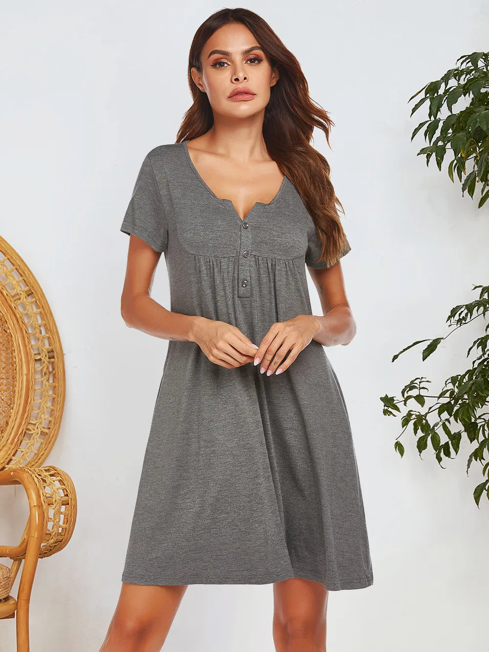 Notched Short Sleeve Mini Lounge Dress - Fashorio