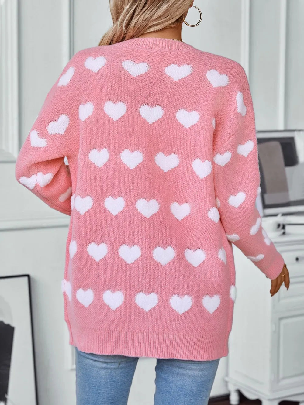 Heart V-Neck Button Up Long Sleeve Cardigan - Fashorio