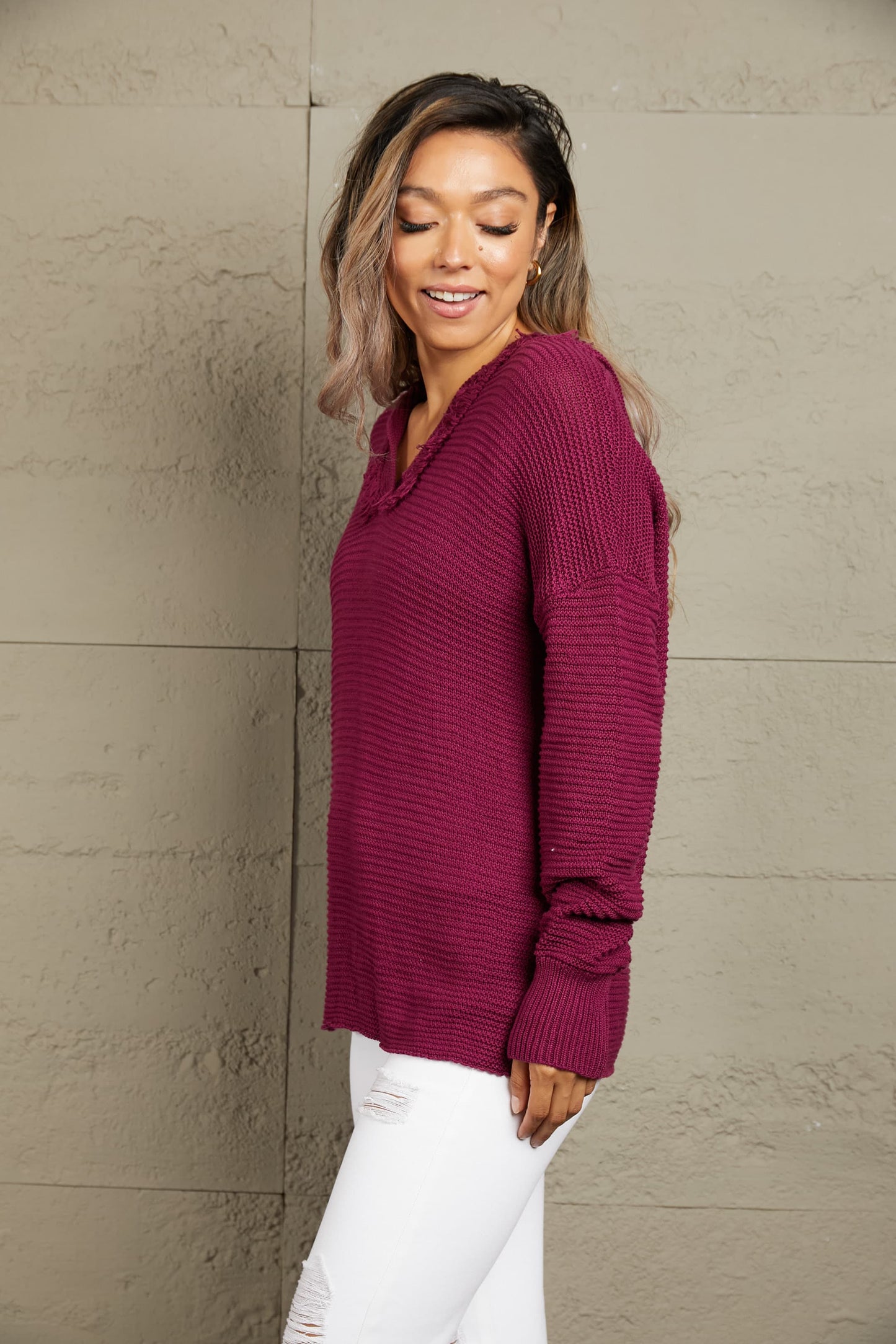 Woven Right Horizontal Ribbing Fringe Trim Hooded Sweater - Fashorio