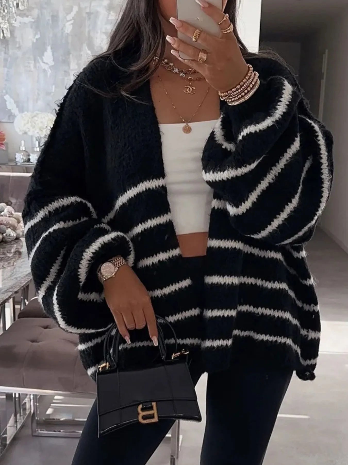 Striped Open Front Dropped Shoulder Cardigan - Fashorio