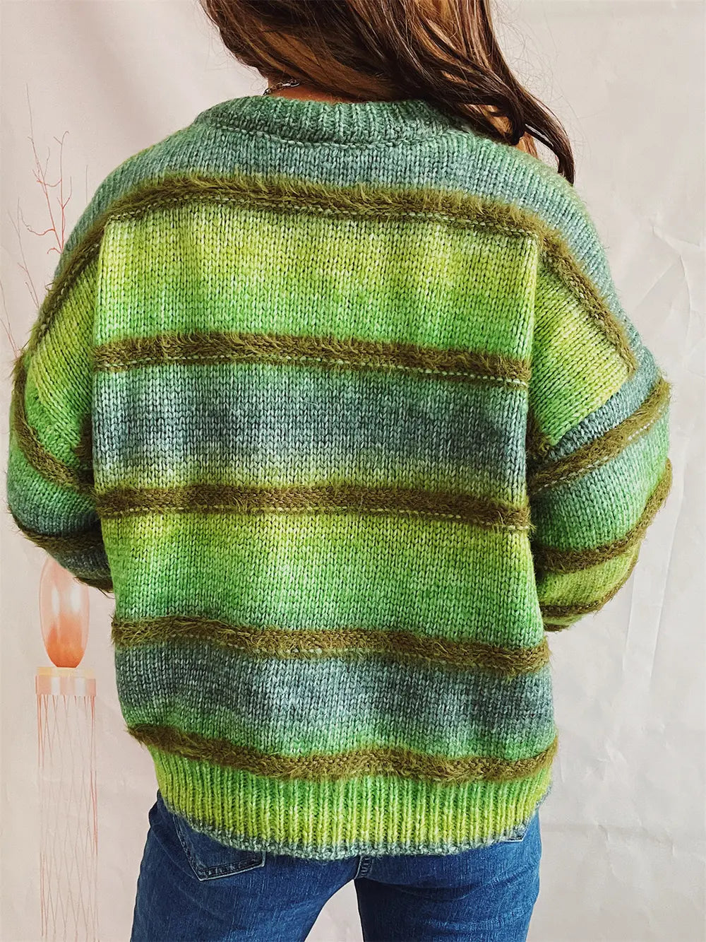 Striped Round Neck Long Sleeve Sweater - Fashorio