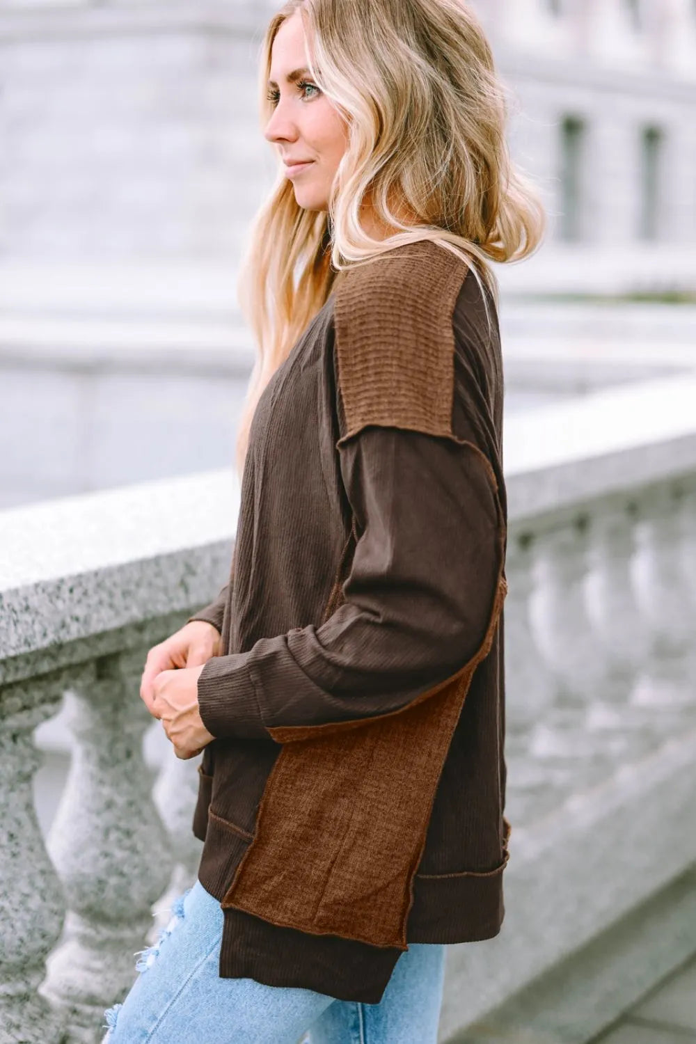 Ribbed Exposed Seam Dropped Shoulder Blouse - Fashorio
