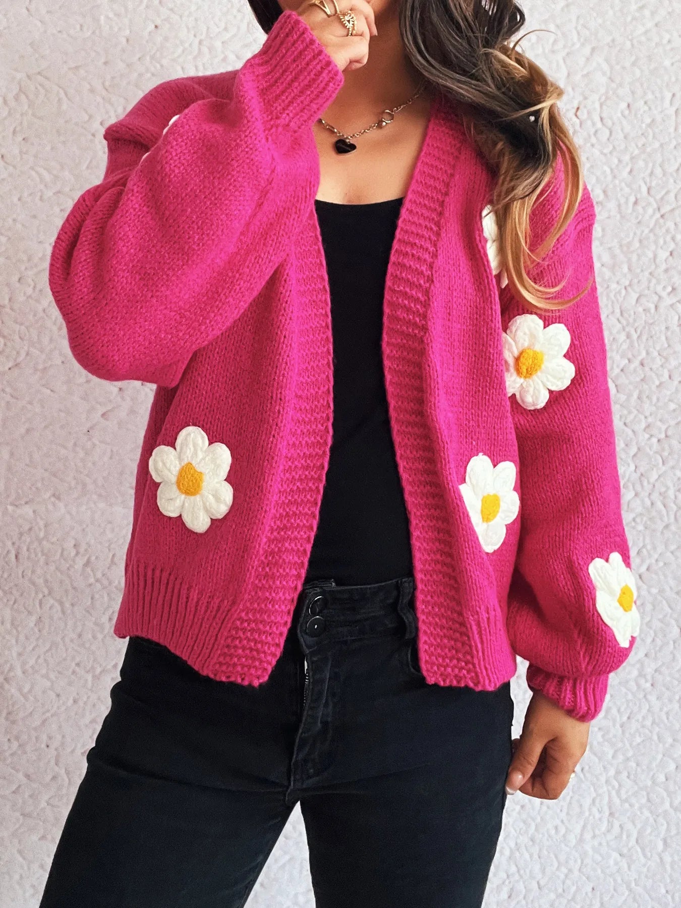 Flower Open Front Long Sleeve Cardigan - Fashorio