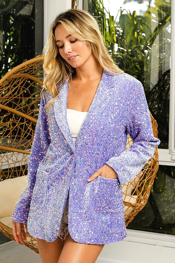 BiBi Velvet Sequins Patch Pockets Single Blazer LILAC - Fashorio