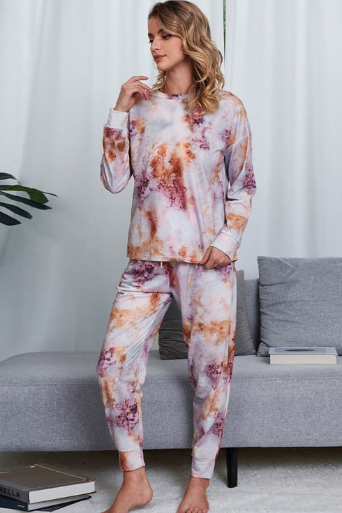 Shiny Tie-Dye Crewneck Top and Drawstring Waist Joggers Lounge Set - Fashorio