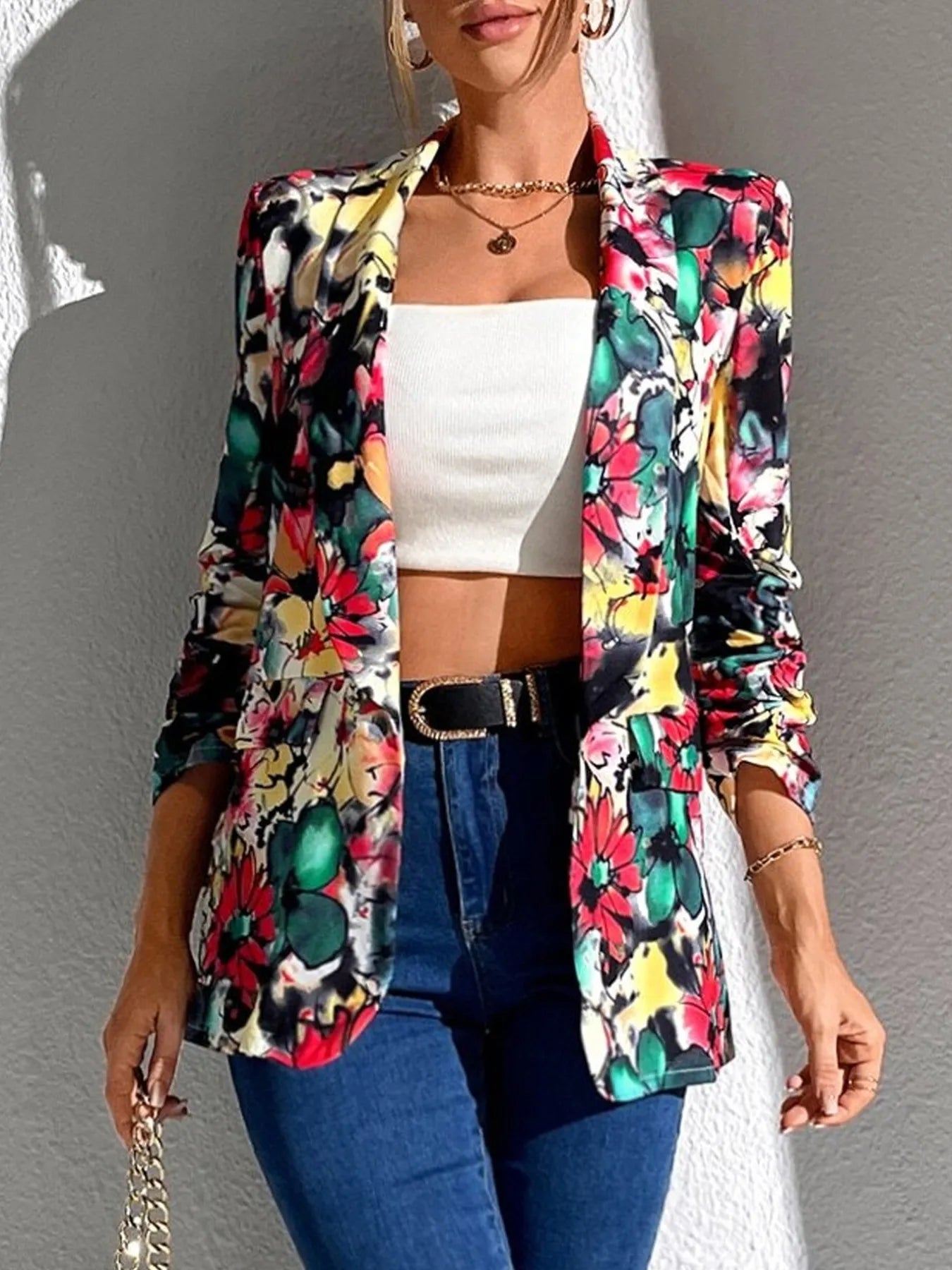 Vibrant Floral Print Open Front Blazer - Fashorio