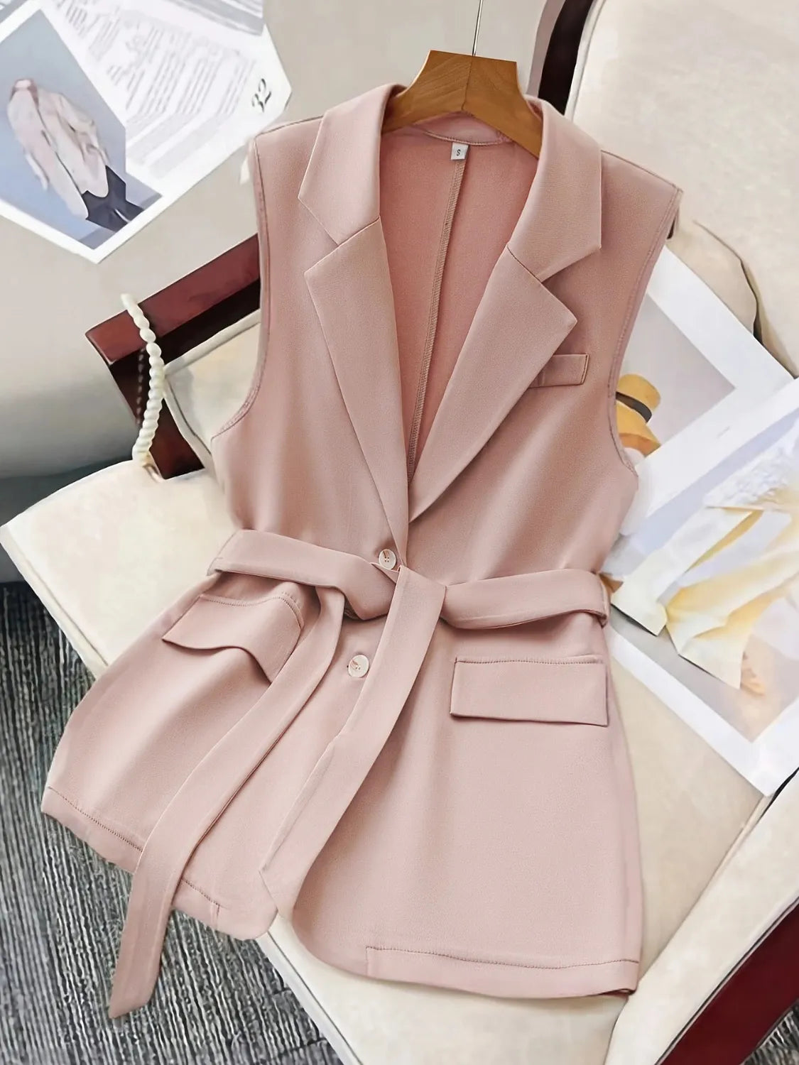 Tie Waist Lapel Collar Sleeveless Blazer Pale Blush - Fashorio