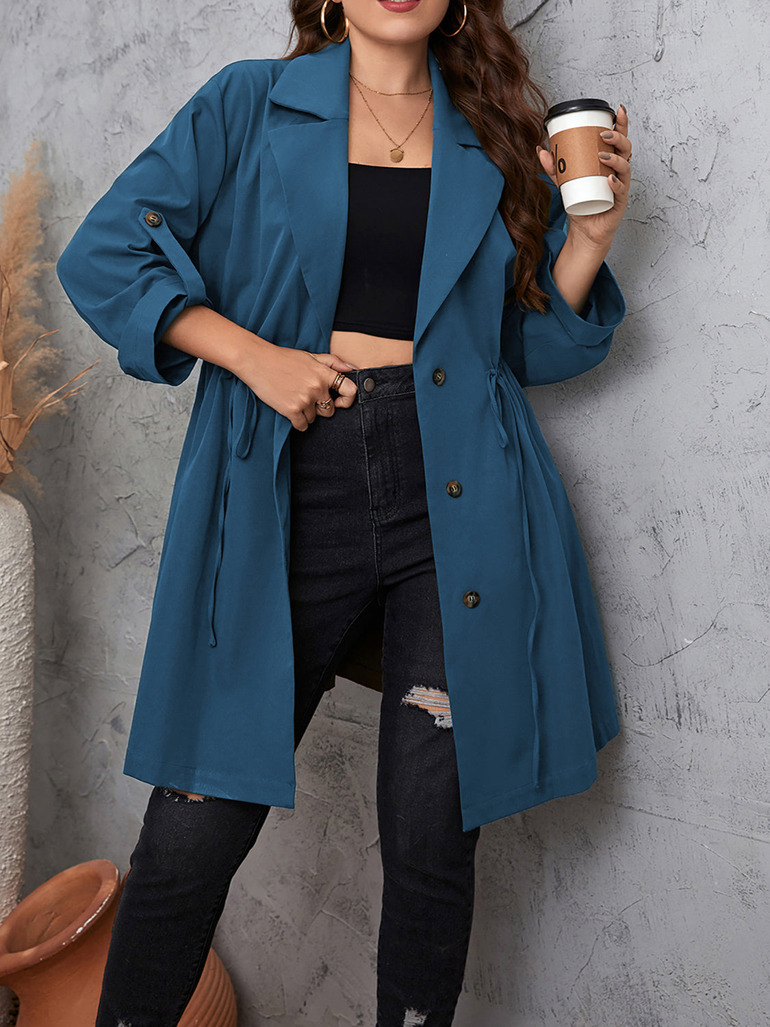 Honey Plus Size Lapel Collar Drawstring Roll-Tab Sleeve Trench Coat Dusty Blue - Fashorio