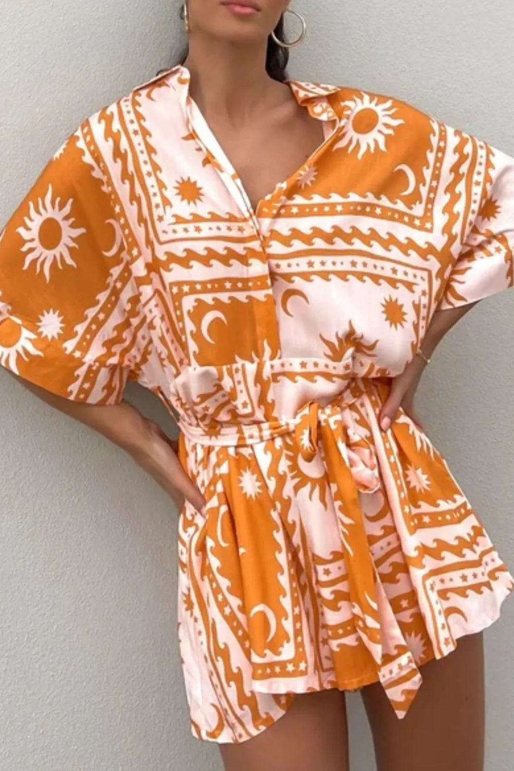 Printed Tie Waist Romper Yellow - Fashorio