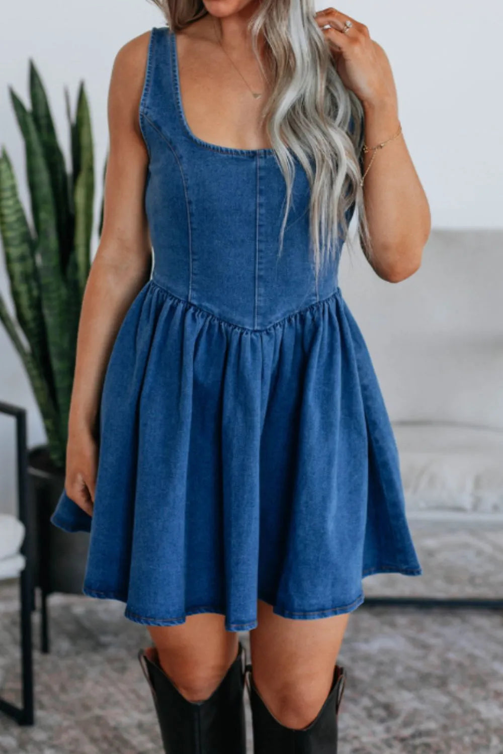 V-Back Bow Tie Denim Skater Dress Navy - Fashorio