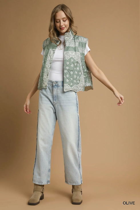 Umgee Bandana Print Quilted Puffer Vest - Fashorio