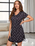 Heart V-Neck Short Sleeve Lace Trim Night Dress Black - Fashorio
