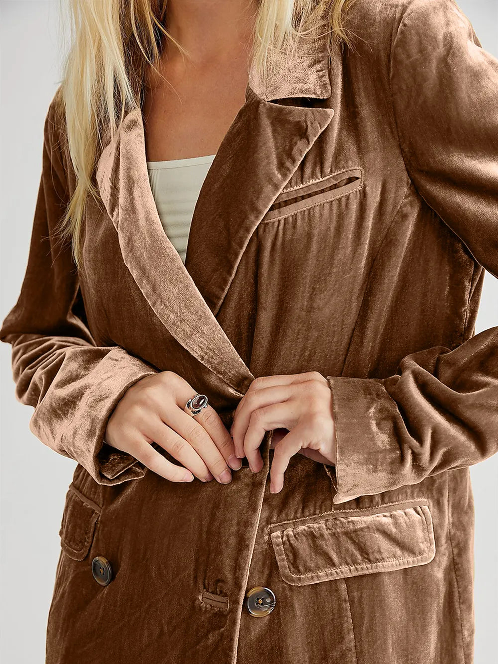 Lapel Collar Long Sleeve Blazer with Pockets - Fashorio