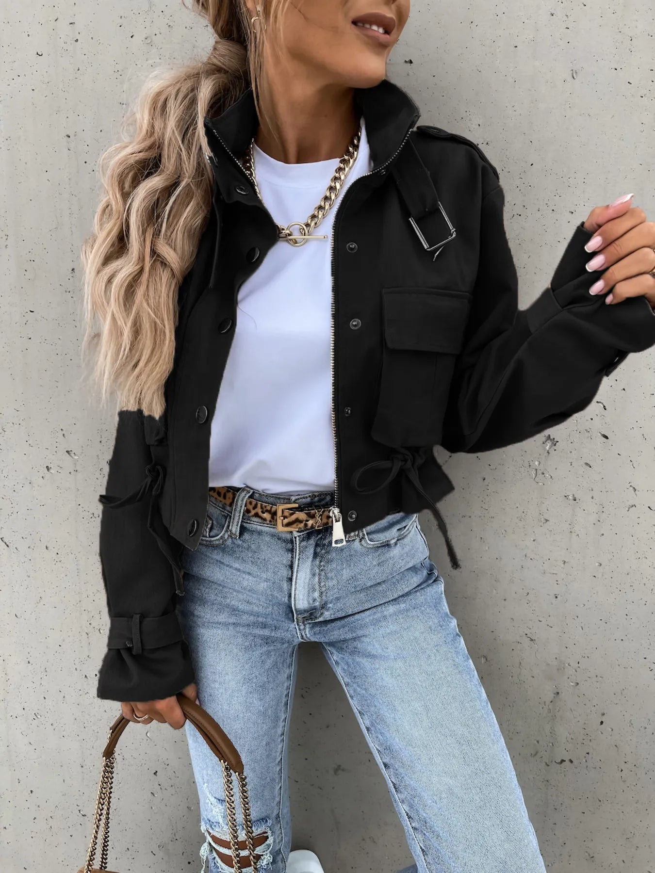Women’s Snap Down Long Sleeve Jacket with Pockets Black - Fashorio