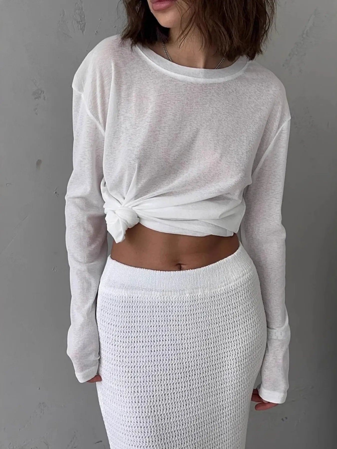 Knotted Long Sleeve T-Shirt White - Fashorio