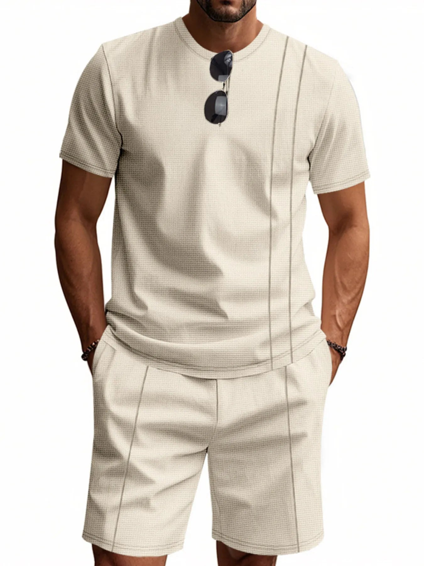 Men's Full Size Round Neck Short Sleeve Top and Shorts Set Plus Size Khaki - Fashorio