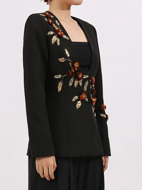Embroidered Long Sleeve Blazer - Fashorio