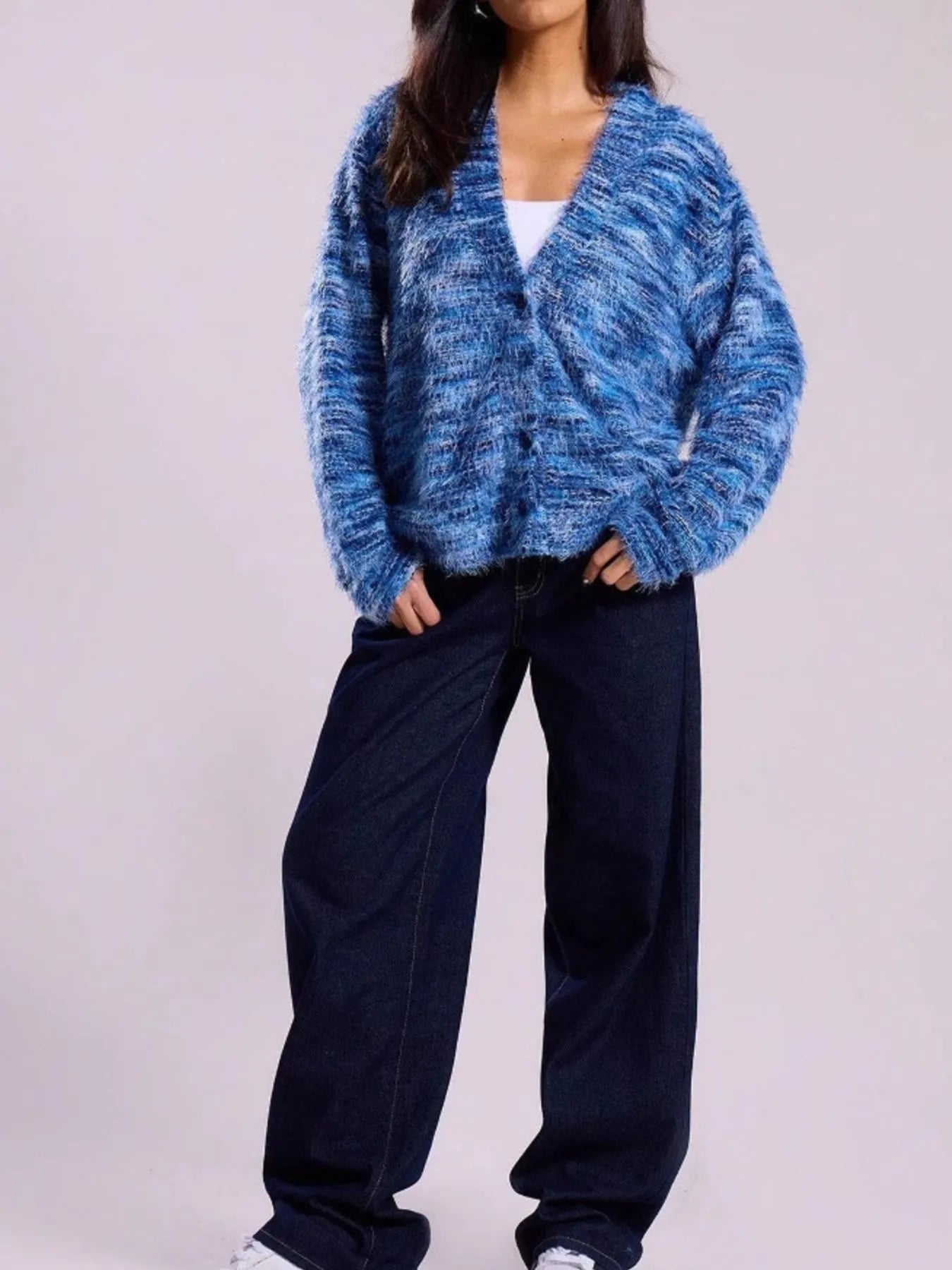 Fuzzy Button Down Chunky Cardigan Blue - Fashorio