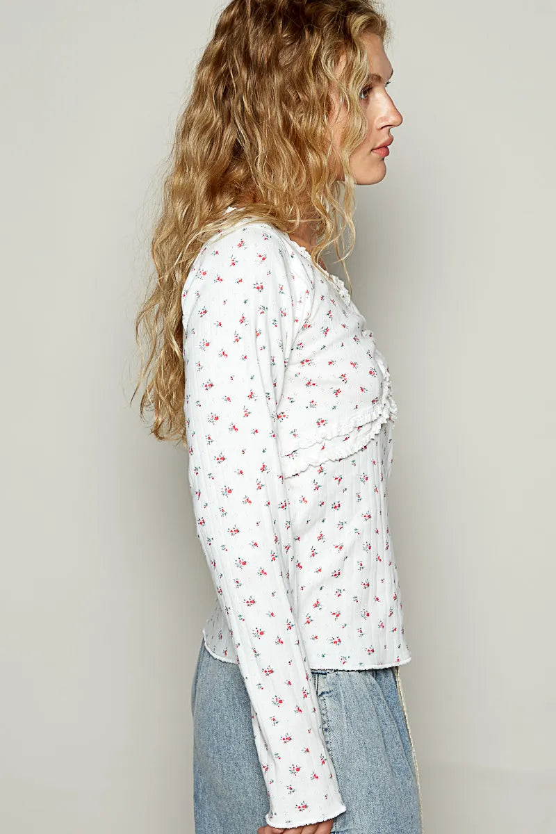 POL Floral V-Neck Long Sleeve T-Shirt - Fashorio