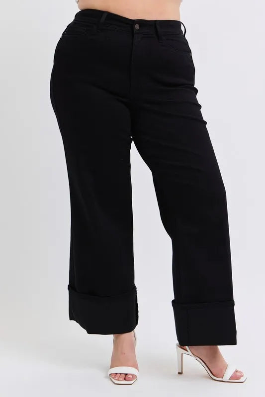 Judy Blue Full Size High Waist Reto Wide Leg W/ Cuff Plus Size - Fashorio