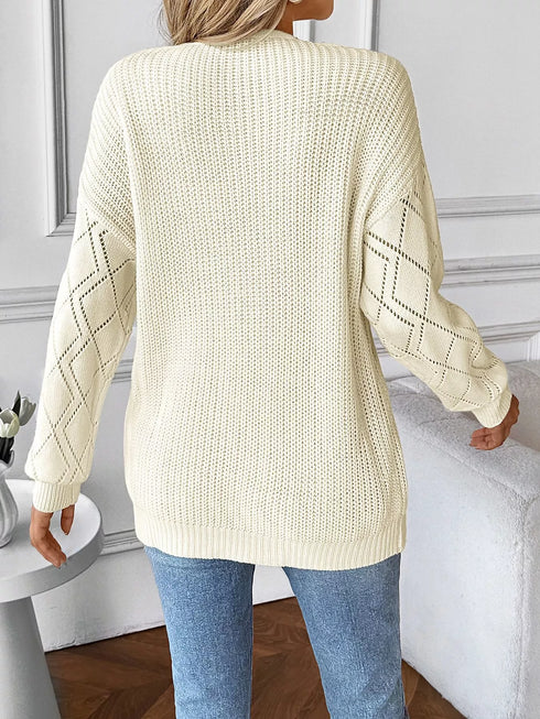 Openwork V-Neck Long Sleeve Sweater - Fashorio