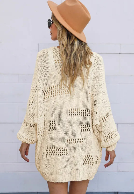 Openwork Open Front Long Sleeve Cardigan - Fashorio