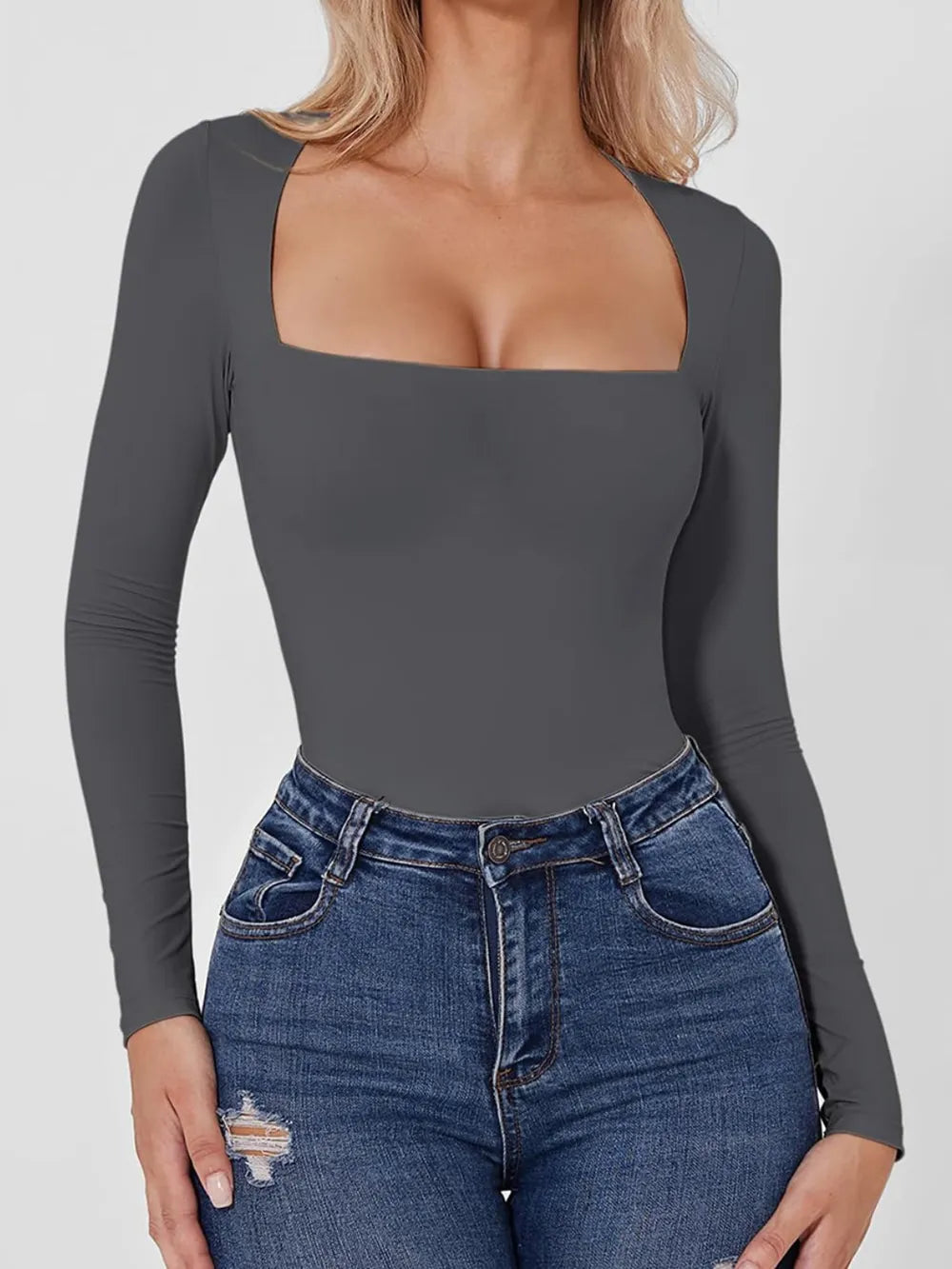 Square Neck Long Sleeve Bodysuit - Fashorio