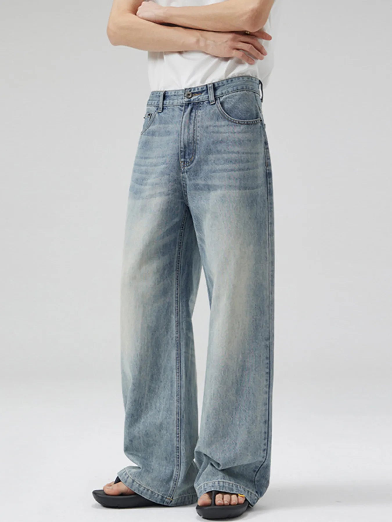 Men's Full Size Washed Wide Leg Jeans Plus Size Light Blue - Fashorio