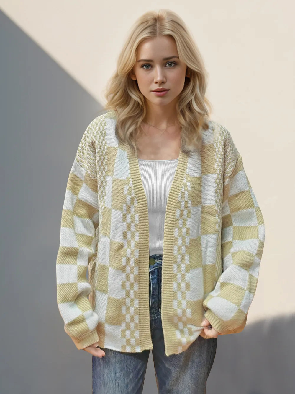 Double Take Checkered Open Front Dropped Shoulder Cardigan Tan - Fashorio