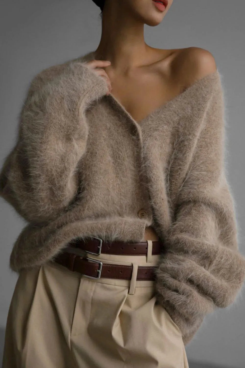 Fuzzy Button Down Long Sleeve Cardigan - Fashorio