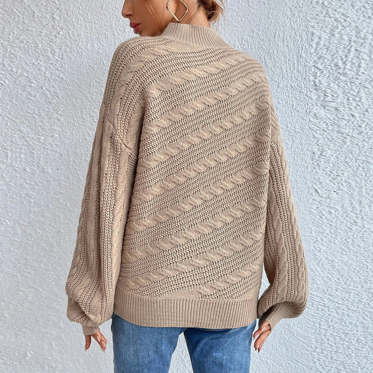 Cable-Knit Mock Neck Long Sleeve Sweater - Fashorio