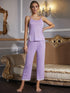 V-Neck Lace Trim Slit Cami and Pants Pajama Set Purple - Fashorio