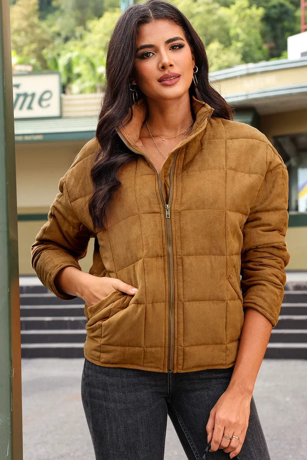 Zip Up Pocketed Long Sleeve Coat - Fashorio