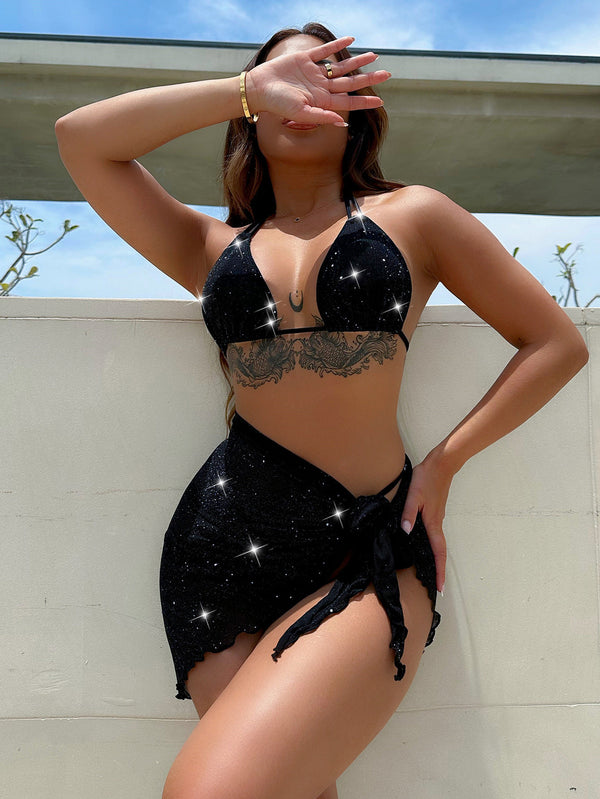 Glitter Halter Neck Backless Three-Piece Swim Set Black S - Fashorio
