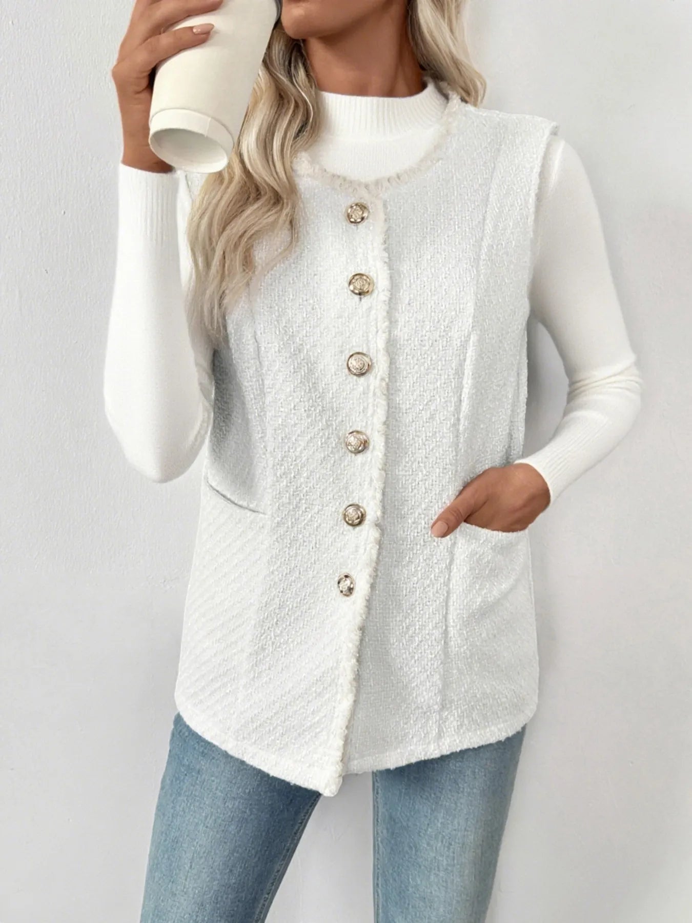 Textured Button-Front Vest with Raw Edge - Fashorio