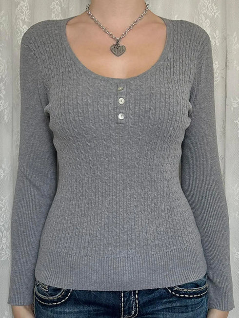 Button Detail Long Sleeve Cable Knit Top - Fashorio