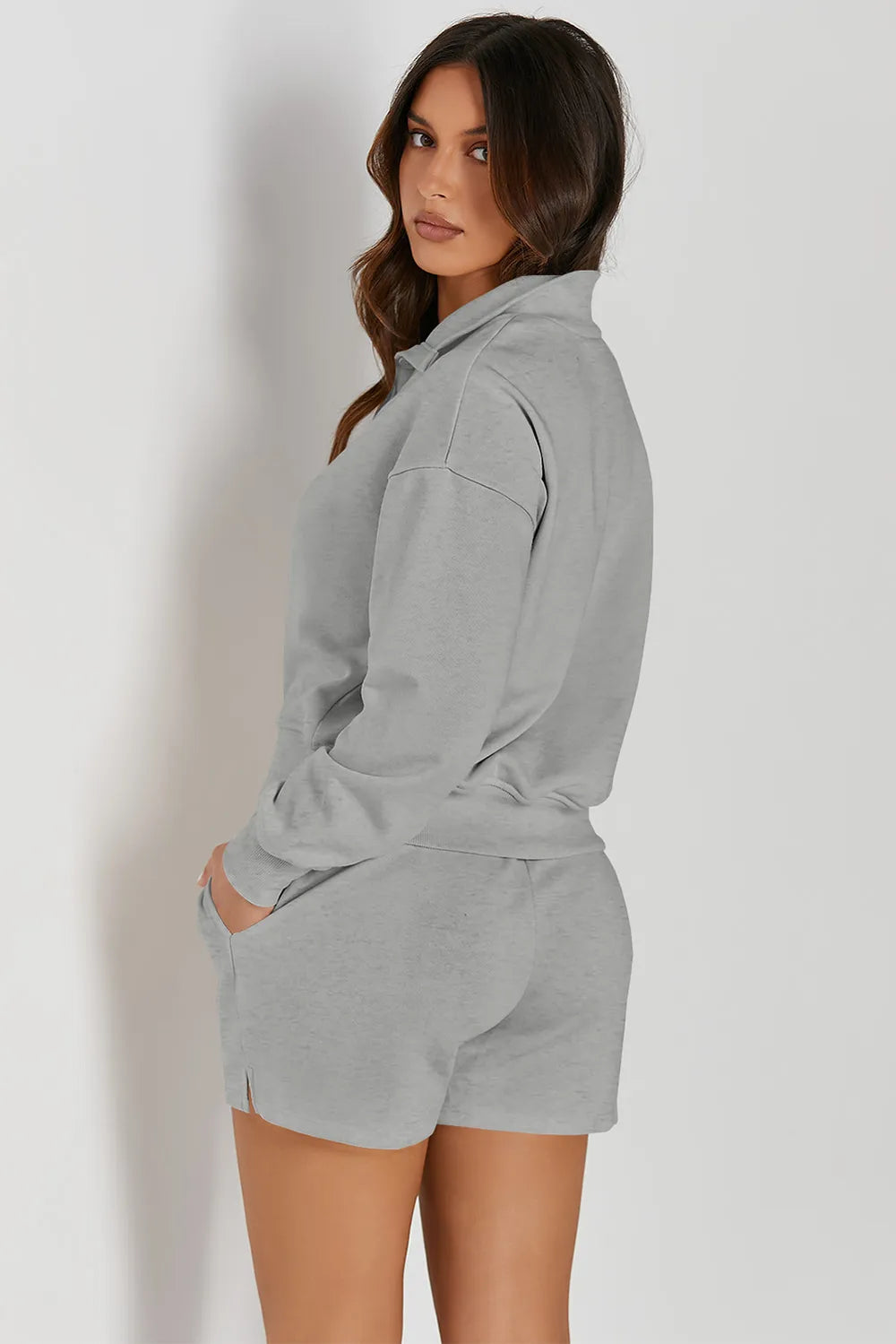 Half Button Sweatshirt and Shorts Active Set - Fashorio