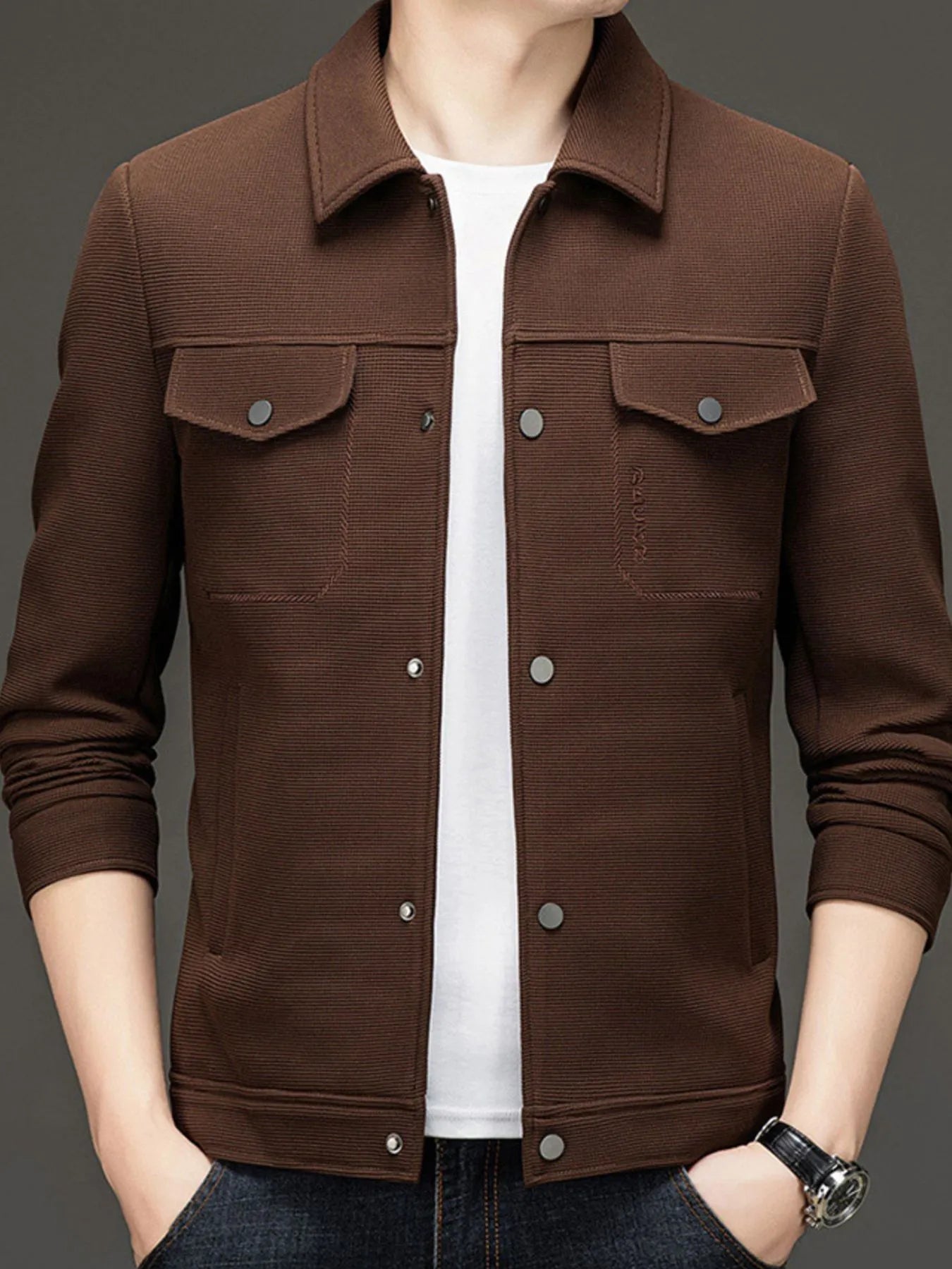 Men's Plus Size Button Up Long Sleeve Jacket Coffee - Fashorio
