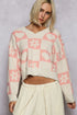 POL V-Neck Heart Pattern Checkered Sweater CREAM PINK - Fashorio