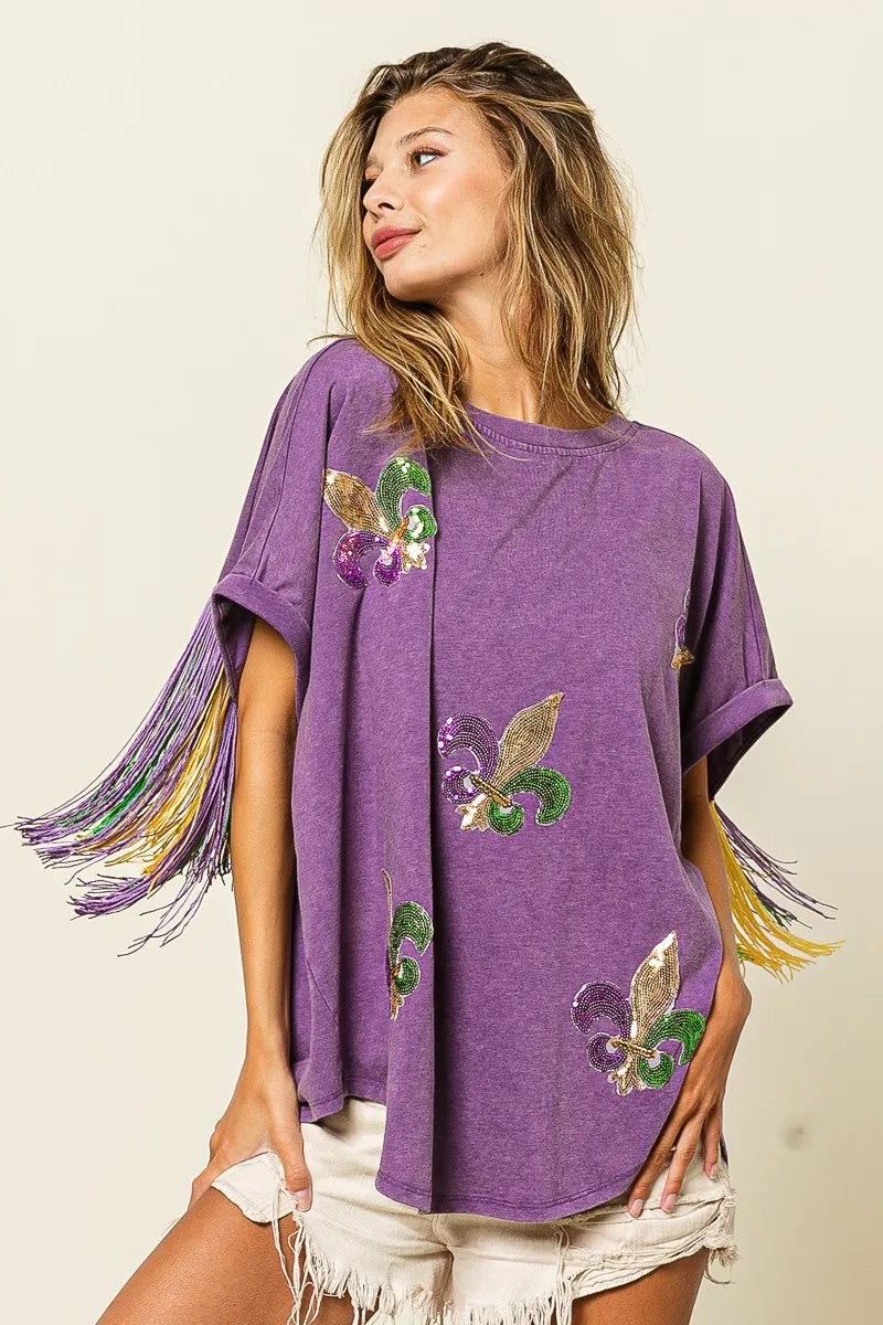 BiBi Vintage Washed Fleur Mardi Gras Top - Fashorio